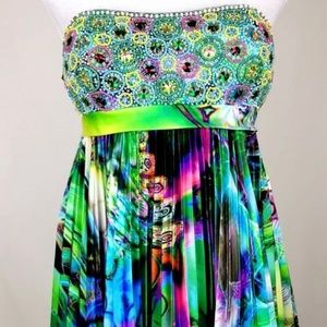 Sherri Hill 6 Beaded Digital Print Pleated Party Mini Dress Prom Formal